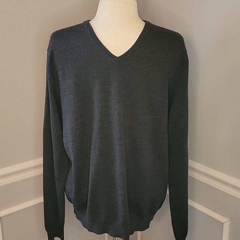 J.CREW Men's Charcoal Gray 100% Merino Wool‎ V Neck Academia Pull Over Sweater L